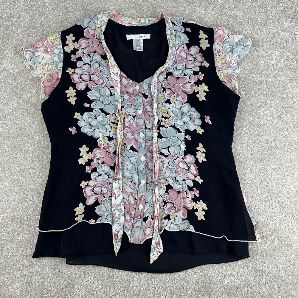 Nine West 100% Silk Floral Tie Neck Blouse Black Pink Flutter Sleeve Top Size 12